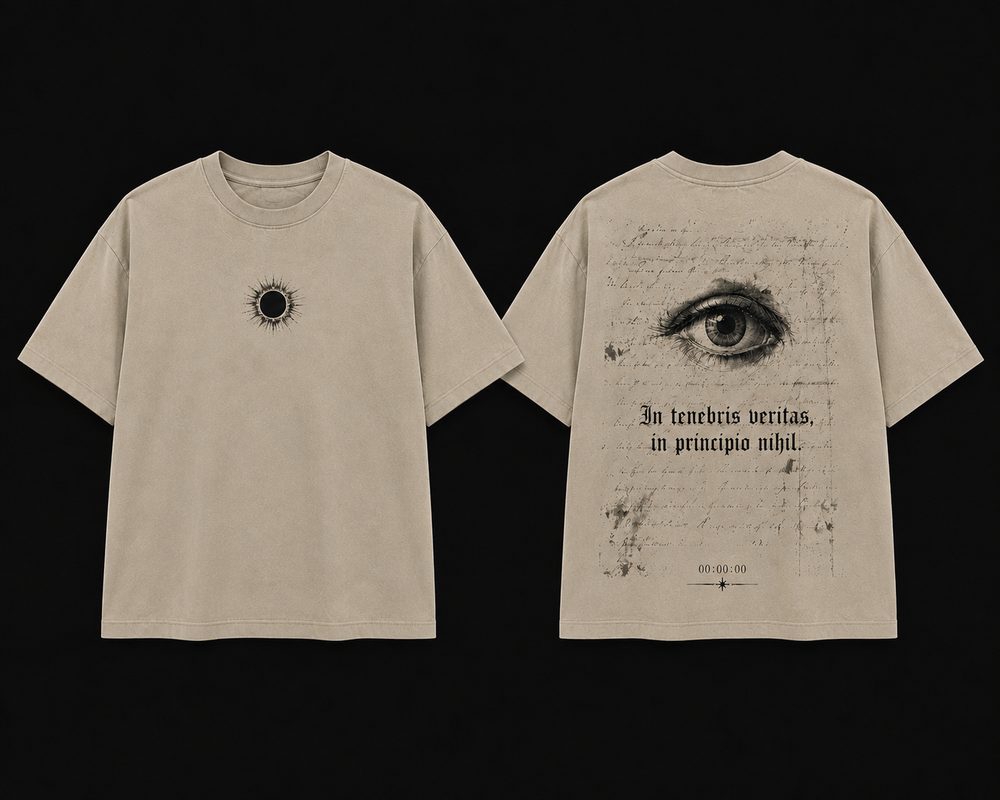 ECLIPSE GÉNESIS — oversized tee color hueso con eclipse y ojo grabado, texto In tenebris veritas, in principio nihil