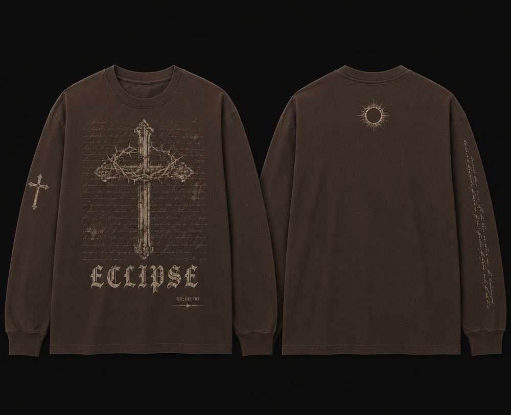 ECLIPSE PACTO — long sleeve marrón con cruz y corona de espinas, wordmark ECLIPSE