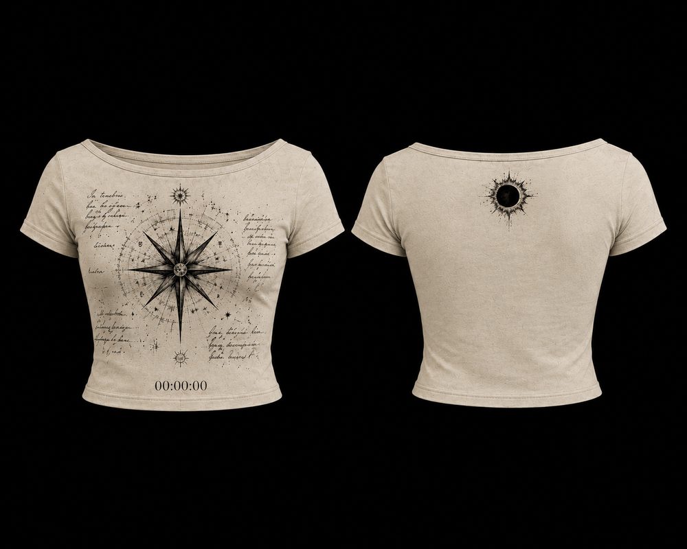 ECLIPSE VELO — crop top hueso con rosa de los vientos y eclipse en la espalda